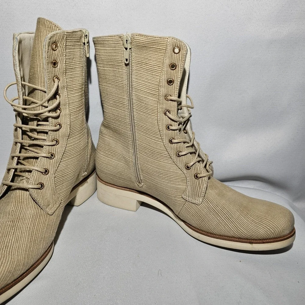 FARRUTX Men's beige textile lace-up calf boot‎ side zip leather lined size 39**